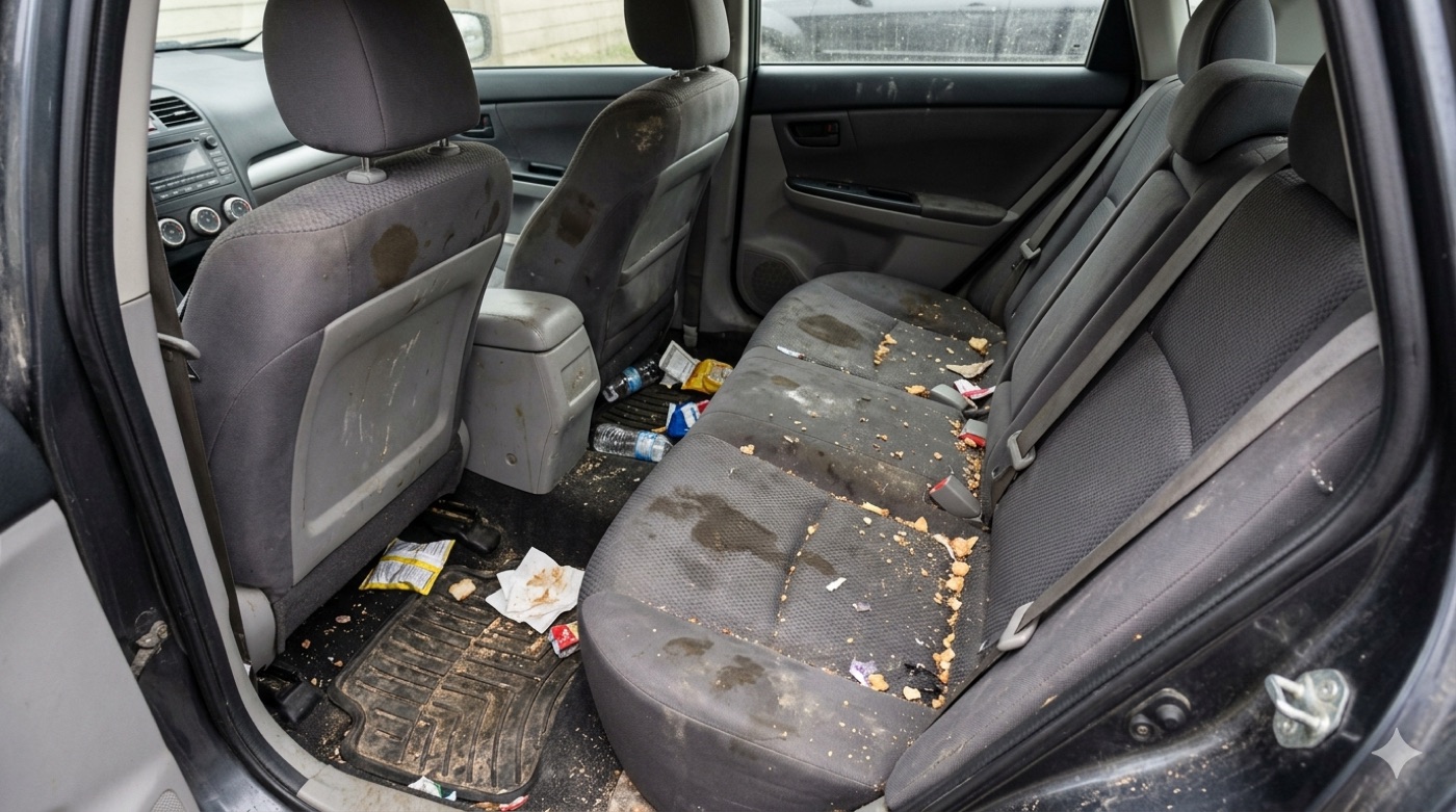 Interior before deep detailing — stained seats